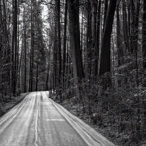 Image similar to indycar driving in the woods, black and white photo