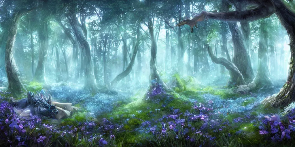 Prompt: mystical old wood forest, blue crystal shards embedded in the trees, canopy filtered dappled light, lush grass and flowers, dragon curled up sleeping, fantasy digital art, trending on artstation