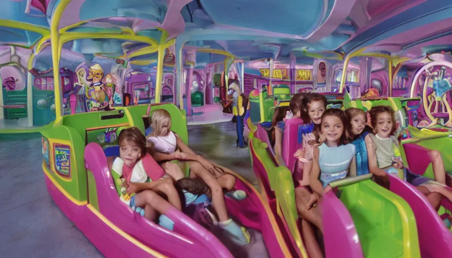 Image similar to 1990s photo of inside the Polly Pocket ride at Universal Studios in Orlando, Florida, children riding through a life size Polly Pocket , cinematic, UHD