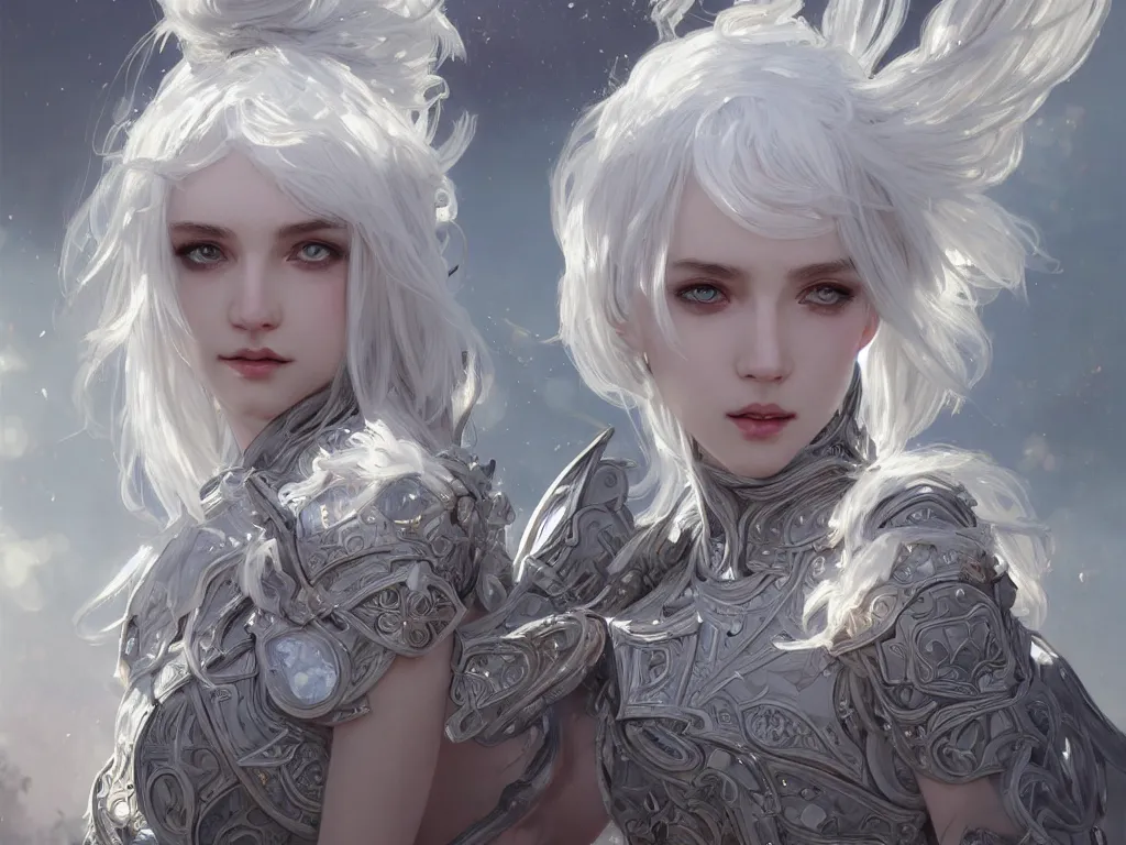 Image similar to portrait white hair knights of zodiac girl, sliver ice color reflected armor, in ruined agora of athens sunrise, ssci - fi and fantasy, intricate and very very beautiful and elegant, highly detailed, digital painting, artstation, concept art, smooth and sharp focus, illustration, art by tian zi and wlop and alphonse mucha