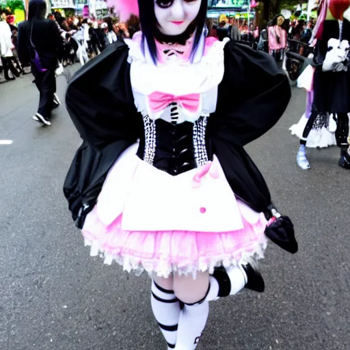 Image similar to cute looking martin shkreli wearing gothic lolita dress photographed at harajuku tokyo street fashion event,