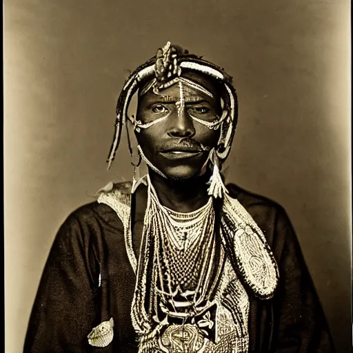 Image similar to vintage photo of a west african manding king by edward s curtis, photo journalism, photography, cinematic, national geographic photoshoot