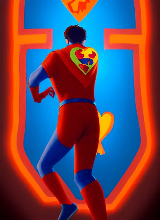 Image similar to friendly teenage archie andrews wearing an orange superhero costume with heart logo, heart, freckles, blue cape, heart emblem on chest, blue cape, intricate, elegant, glowing lights, highly detailed, digital painting, artstation, sharp focus, illustration, art by wlop, mars ravelo and greg rutkowski