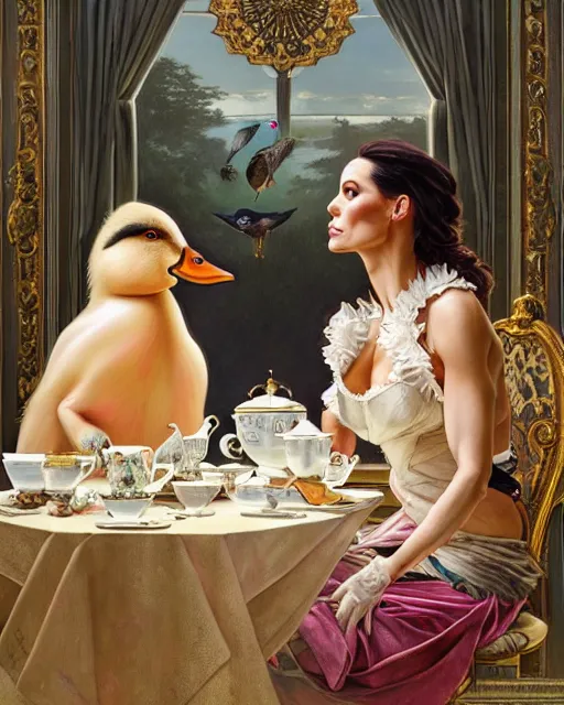 Image similar to Portrait of Jodie Marsh & a mallard & a pig having tea at the Ritz, real life skin, intricate, elegant, highly detailed, artstation, concept art, smooth, sharp focus, art by artgerm and greg rutkowski and alphonse mucha