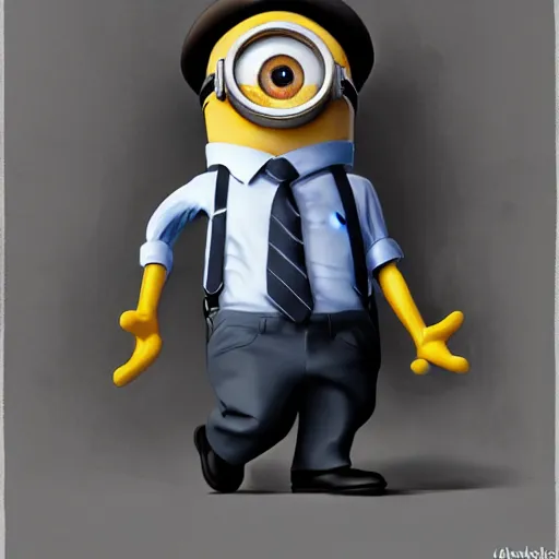 Image similar to an epic painting minion going to office work in new suite and tie, pencil drawing, perfect composition, golden ratio, beautiful detailed, photorealistic, digital painting, concept art, smooth, sharp focus, illustration, artstation trending, octane render, unreal engine