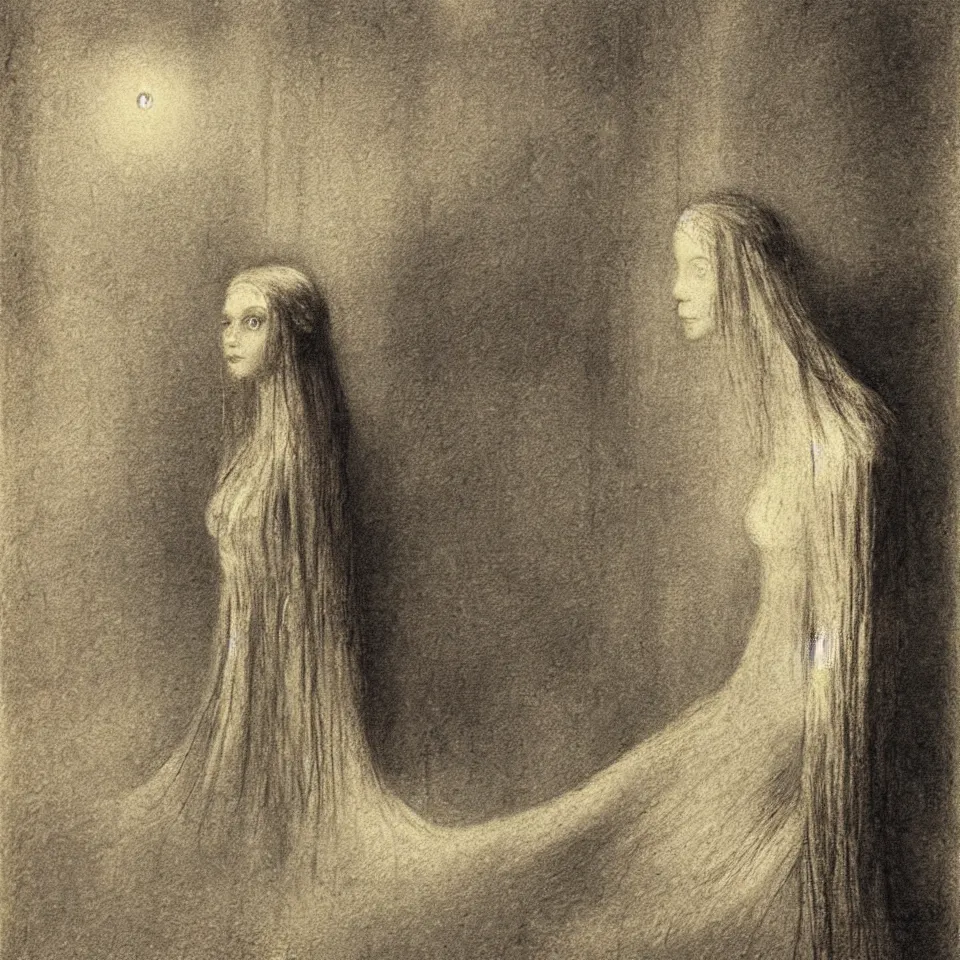 Image similar to beautiful portrait of The princess of The Cold by Alfred Kubin, environment and concept art, iridescent, flickering light, extremely detailed