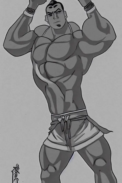 Prompt: Sokka of the Water Tribe, jacked body builder gigachad, greyscale 🎨🖌️