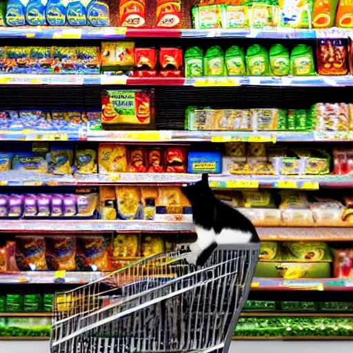 Prompt: a cat shopping for groceries at a supermarket, photorealistic, high detail