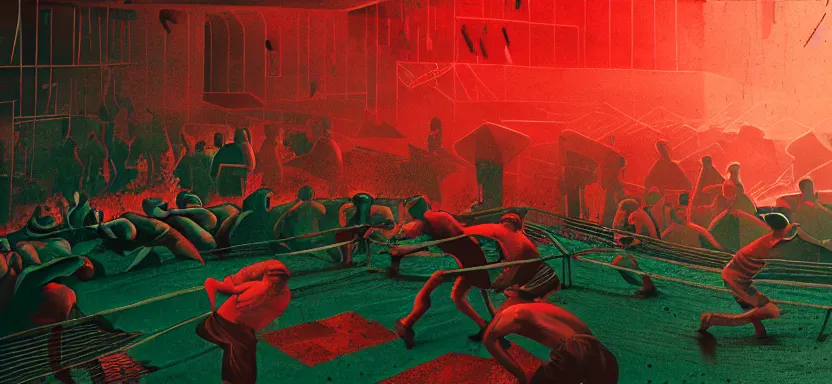 Image similar to handmade illustration of a vicious fight in an illegal boxing ring, bloody uppercut action shot knockout, line art, octane render with volumetric lighting, architectural illustration by MC Escher and cedric peyraavernay, industrial waste processing, bladerunner, green and red radioactive swamp