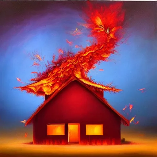 Prompt: Beautiful surreal oil painting of a burning old red house, the flames turn into flying flower petals, by Sergei Aparin,