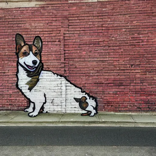 Prompt: brick wall with a mural of a corgi, street art, graffiti, urban landscape, award - winning photograph by david lynch