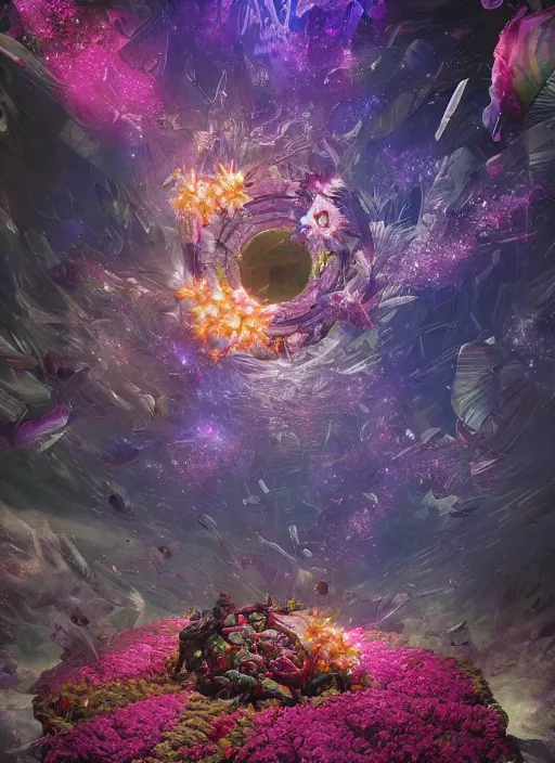 Prompt: An epic fantastic realism comic book style painting of the most beautiful spinning flower bundles into the dark cosmos, fisheye, a star explodes in flowers, unreal 5, DAZ, hyperrealistic, octane render, dynamic lighting