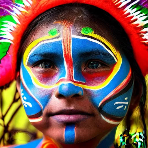 Prompt: portrait of yanomamo girl with tribal face painting in rainforest, digital painting, colorful