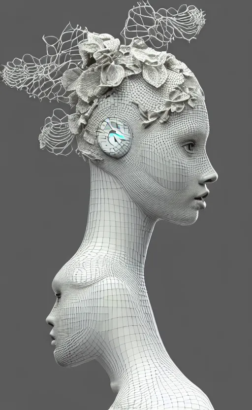 Image similar to complex 3d render of a beautiful porcelain profile woman face, vegetal dragon cyborg, 150 mm, beautiful natural soft light, rim light, silver details, magnolia leaves and stems, roots, fine lace, maze like, mandelbot fractal, anatomical, facial muscles, cable wires, microchip, elegant, highly detailed, white metallic armour, octane render, black and white, H.R. Giger style