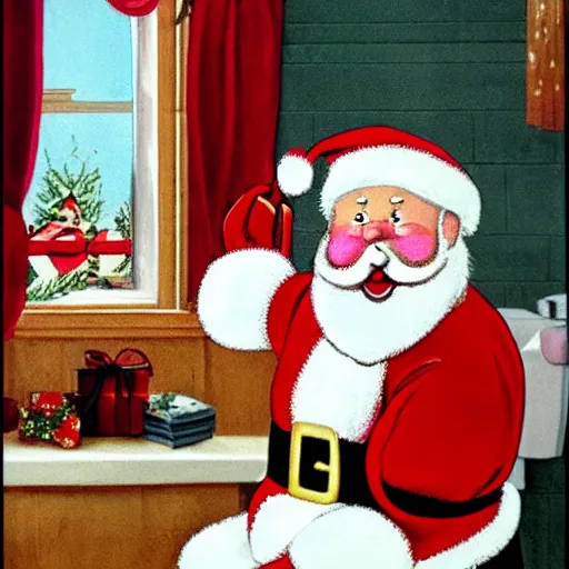 Image similar to santa claus sitting on a toilet in someone's bathroom in the style of currier and ives