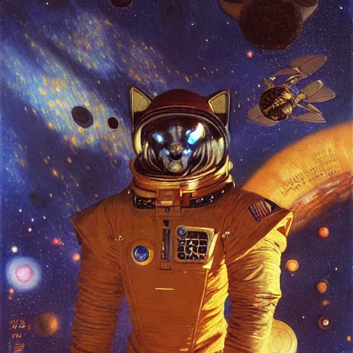 Image similar to portrait of a male fox wearing a space suit in a space ship. shadowrun furaffiniy cyberpunk fantasy highly detailed painting by gaston bussiere craig mullins jc leyendecker gustav klimt artgerm greg rutkowski john berkey, bergey, craig mullins, ruan jia, raymond swanland, jeremy mann, tom lovell, alex malveda