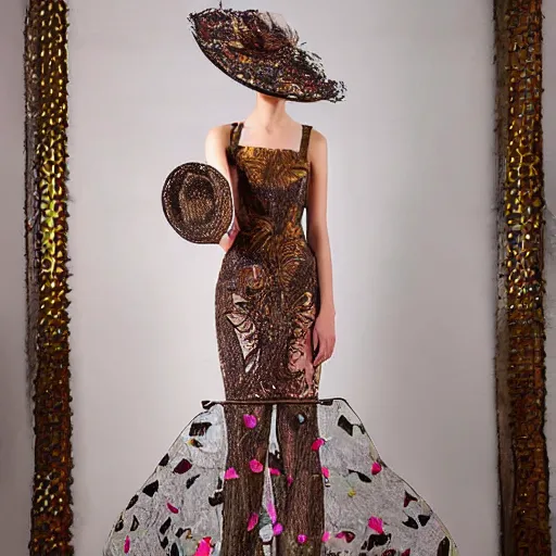 Image similar to exclusive evening dress made of bronze transparent fabric fantasy with colored flower petals made of fabric. intricate asymmetrical patterns. an elegant hat. hyperrealistic photos, clear details.