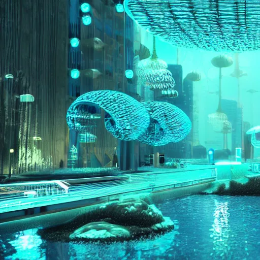 Prompt: bioluminescent city under water, futuristic, 3D render, teal and gold lights