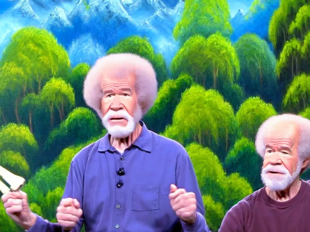 Image similar to old!!!! bob ross is sad and angry and yelling!!! at a huge painting of nature by bob ross