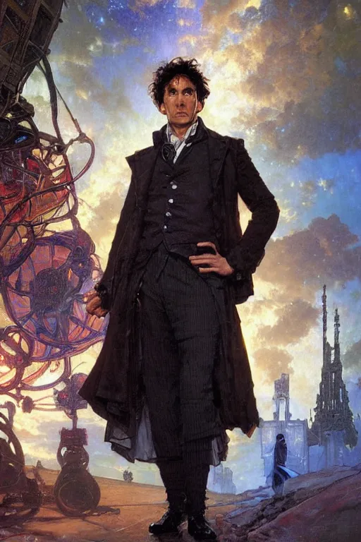 Image similar to The Eighth Doctor standing next to the TARDIS, portrait by Stanley Artgerm Lau, greg rutkowski, thomas kindkade, alphonse mucha, loish, norman Rockwell