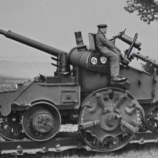 Prompt: WW2 era photograph of 800mm German artillery Dora from WW2 with Thomas the Tank Engine face