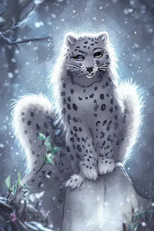 Prompt: a pretty medieval anthropomorphic snow leopard with a fluffy tail in the forest, comic art, trending on furaffinity, cartoon, kawaii, backlighting, furry art!!!, radiant light, bokeh, trending on artstation, digital art