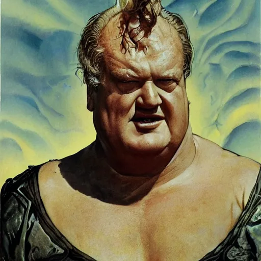 Image similar to head and shoulders portrait of actor Kenneth McMillan as baron harkonnen apoplectic with anger in dune 1982 movie, background dystopian scifi palace, painted by norman rockwell and tom lovell and frank schoonover