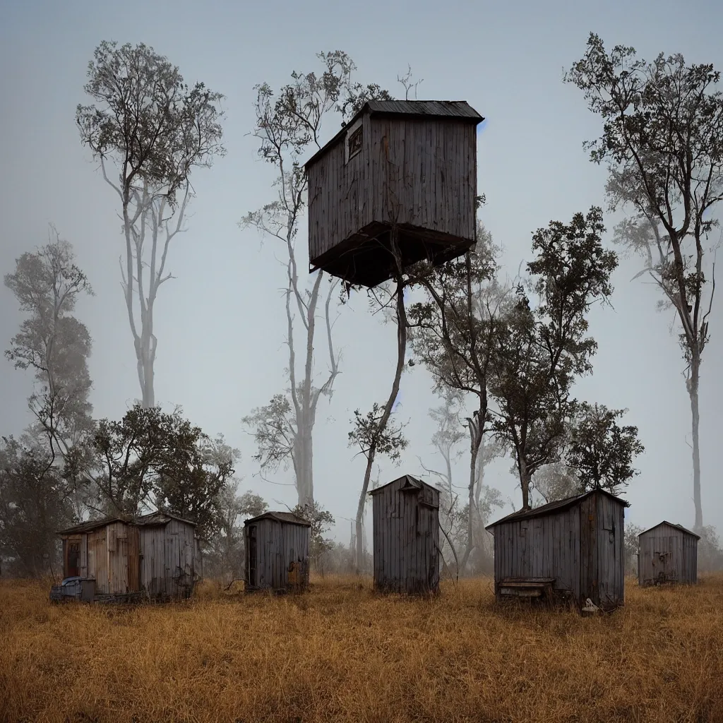 Image similar to two high towers, made up of makeshift squatter shacks with faded colours, plain uniform sky at the back, uneven fog, mamiya, fully frontal view, ultra sharp, very detailed, photographed by julie blackmon