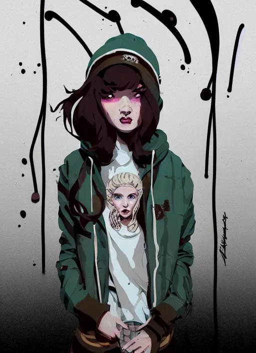 Image similar to highly detailed portrait of a sewer scotish young lady, tartan hoody, white afro hair by atey ghailan, by greg rutkowski, by greg tocchini, by james gilleard, by joe fenton, by kaethe butcher, gradient cyan, brown, blonde cream and white color scheme, grunge aesthetic!!! ( ( graffiti tag wall background ) )