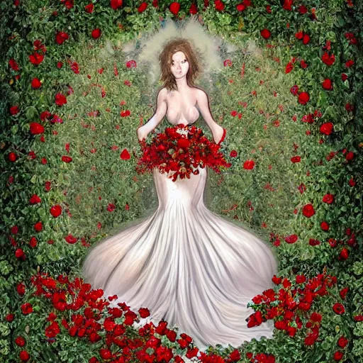 Image similar to full body image of a beautiful woman covered in ivy and red roses, ornate gown standing in a bed of roses, rim light, dynamic lighting, etherial lighting, ultra detail, concept art, elegant, surreal, illustration by lisa aisato