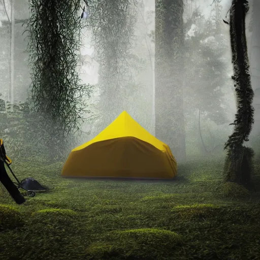 Image similar to photo studio rainforest with foggy background. yellow tent on floor. fisherman in balenciaga cloth, plastic bag and black mask. photorealistic high resolution, redshift render, 8 k