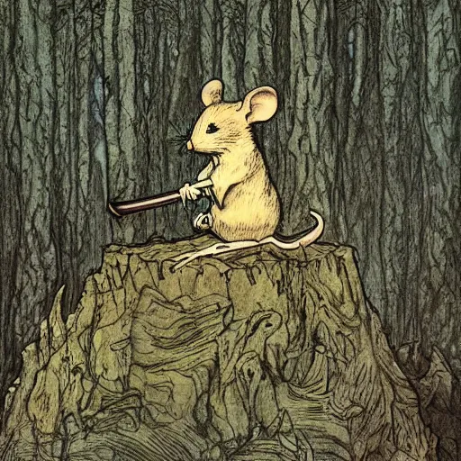 Image similar to Mouse Guard sits on a stump holding a sword, in deep forest, by rivuletpaper, rivuletpaper art, Mouse Guard by David Petersen, mouse photo, small details, realistic illustration, illustrations by irish fairy tales james stephens arthur rackham