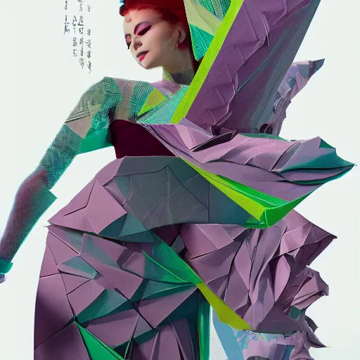 Image similar to 3 / 4 view of a female dancer wearing an origami dress, eye - level medium shot, elegant, by eiko ishioka, givenchy, philippe druillet, by peter mohrbacher, centered, fresh colors, origami, fashion, detailed illustration, vogue, high depth of field, japanese, reallusion character creator