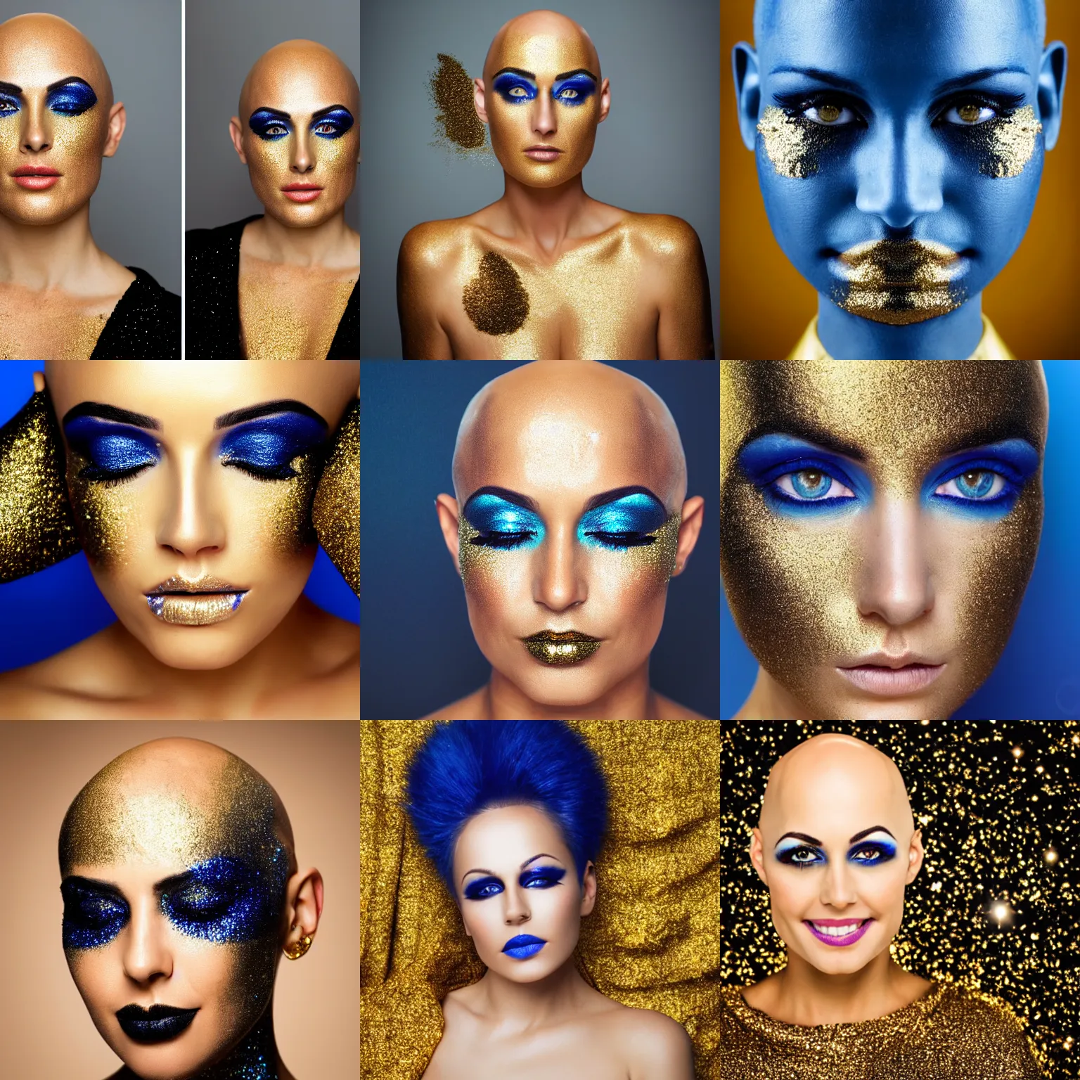 Prompt: portrait photo of a beautiful bald woman with blue eyes, gold and black makeup, tanned skin, gold rainstorm of glitter