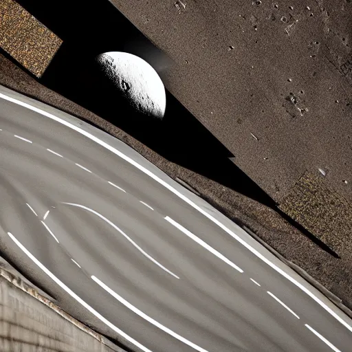 Image similar to parts of the moon are blocking the highway, cinematic, professional photographer