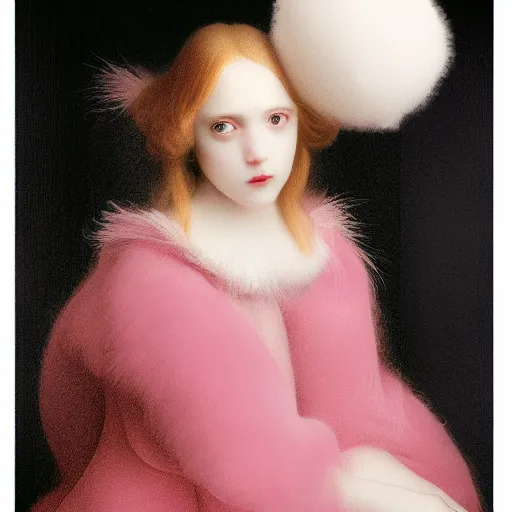 Image similar to portrait of a cute girl laying on soft pink and white cotton fluffy balls, still move image, highly detailed, digital photography by jheronimus bosch and james jean and james rutkowski