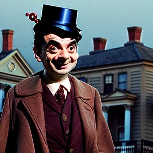 Image similar to mr bean as mary poppins. movie still. cinematic lighting.