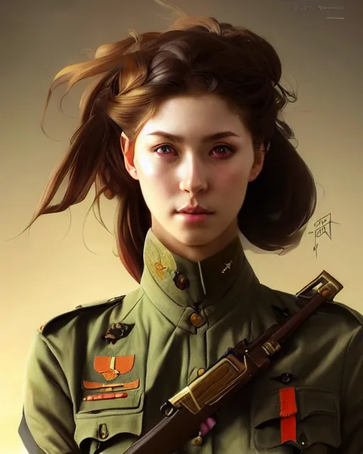 Image similar to beautiful female soldier, portrait, anime!!, fantasy, ultra detailed, elegant, intricate, dynamic lighting, hyperrealism, digital art, digital painting, artstation, wlop, sharp focus, illustration, art by artgerm and greg rutkowski and alphonse mucha, 8 k