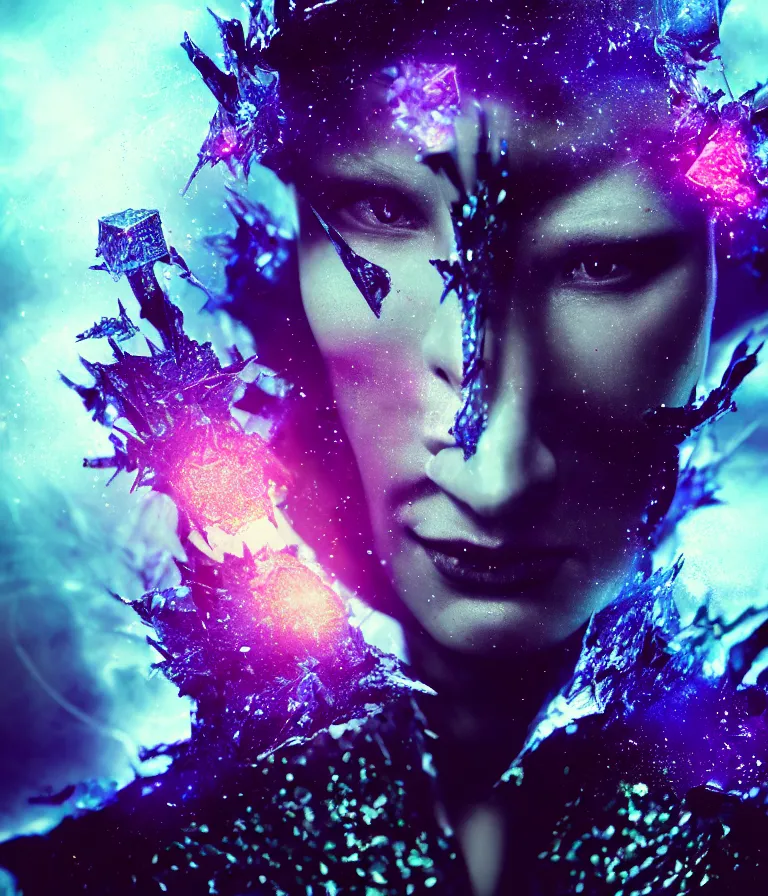 Image similar to impressive entrancing front!! shot photo of a court jester character fine portrait fine portrait mesmerizing caustics hyper cubes platinum cracked dark future hyper dimensional space galactic crystal nebula edges elegant detailed intricate concept artstation sharp focus ray tracing cinematic masterpiece temporal corruption beeple wlop germ 8 4 k scifi glossy hyper realistic illustration canon eos r 3 fujifilm x - t 3 0 sony alpha