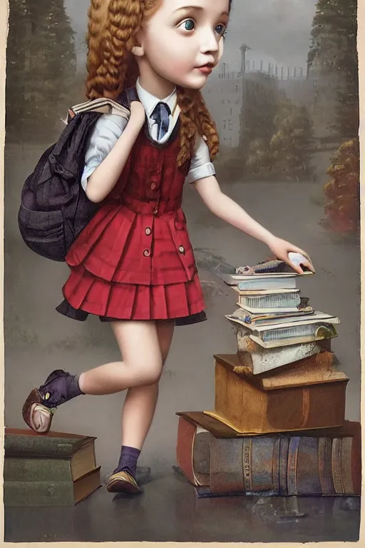 Image similar to cute little school girl with books, lowbrow, matte painting, 3 d highly detailed, in the style of mark ryden