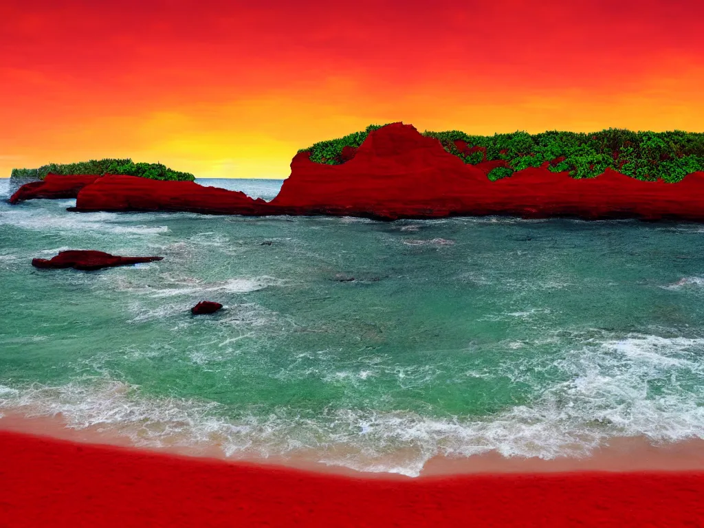 Prompt: mcdonalds, red sand beach, green ocean, nebula sunset