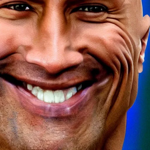 Image similar to extremely zoomed-in photo of Dwayne Johnson smiling into the camera