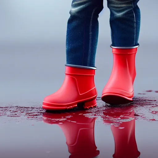 Prompt: digital art of a baby pig wearing red rainboots in a puddle, 8 k render, octane render, saturated