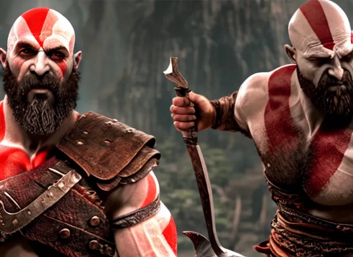 Prompt: in game screenshot of kratos!!! victoriously holding up a computer mouse raising a computer mouse in the air holding a mouse mouse pc mouse!!! in the new god of war video game, 4 k