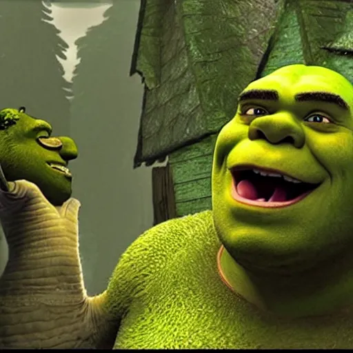 Image similar to Shrek is really angry and he's screaming. His swamp and shack house is burning down. Tears are coming out of his eyes.