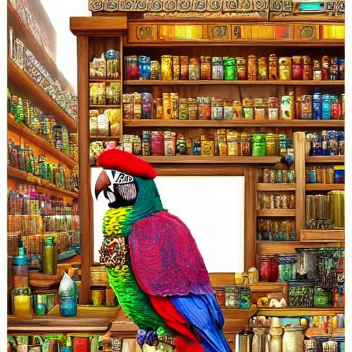 Image similar to Digital art of Anthropomorphized parrot trader in his shop, shelves full, selling a gem, portrait, items, magic potions, carpet, window, fancy funny hat, sly expression , cunning expression, cute expression, presenting magic gem, D&D, fantasy, cinematic lighting, highly detailed, digital painting, artstation, concept art, smooth, sharp focus, illustration, warm light, cozy warm tint, magic the gathering artwork, volumetric lighting, 8k, no gold, no gold colours, art by Akihiko Yoshida and Greg Rutkowski