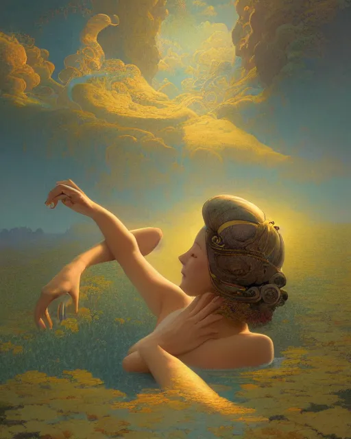 Image similar to beautiful woman floating in the most wonderful dream she ever had, coherent design, symmetrical, concept art, vivid color, complementary color, golden ratio, detailed, sharp lines, intricate, rainbowshift, by maxfield parrish, by peter mohrbacher, by gustave dore, by arthur rackham, deviantart, octane render