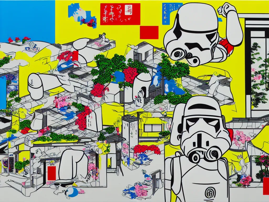 Image similar to hyperrealistic composition of the japanese home with a garden, stormtrooper in hot springs, pop - art style, jacky tsai style, andy warhol style, roy lichtenstein style, pastel palette, acrylic on canvas