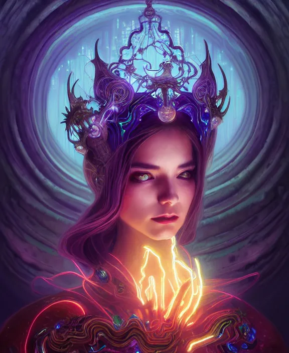 Image similar to whirlwind souls inside metaverse, half body, glowin eyes, tiara, pharaoh, forest, mushrooms, antiques, cyberpunk face, by loish, d & d, fantasy, intricate, elegant, highly detailed, colorful, vivid color, digital painting, artstation, concept art, art by artgerm and greg rutkowski and alphonse mucha and ruan jia