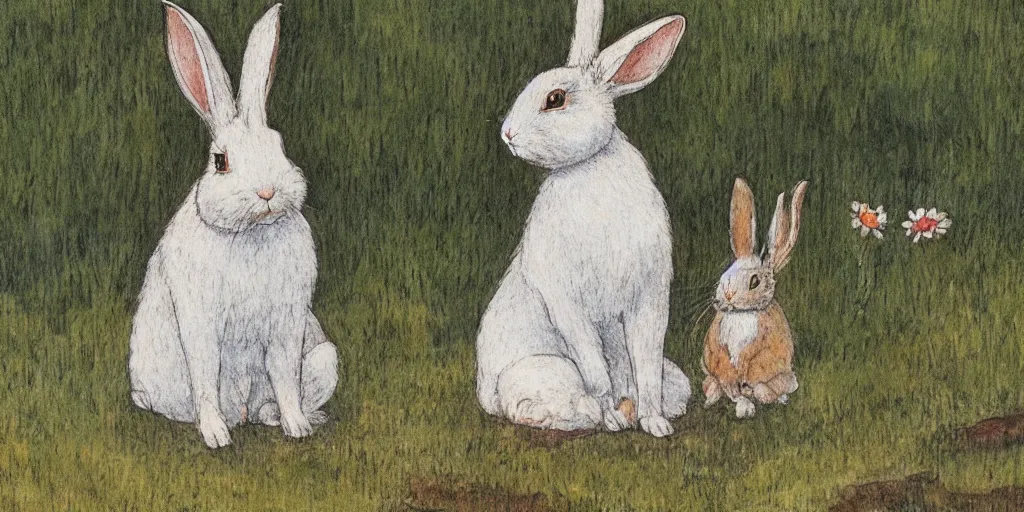 Prompt: a rabbit sitting by a pond, in the style of carl larsson